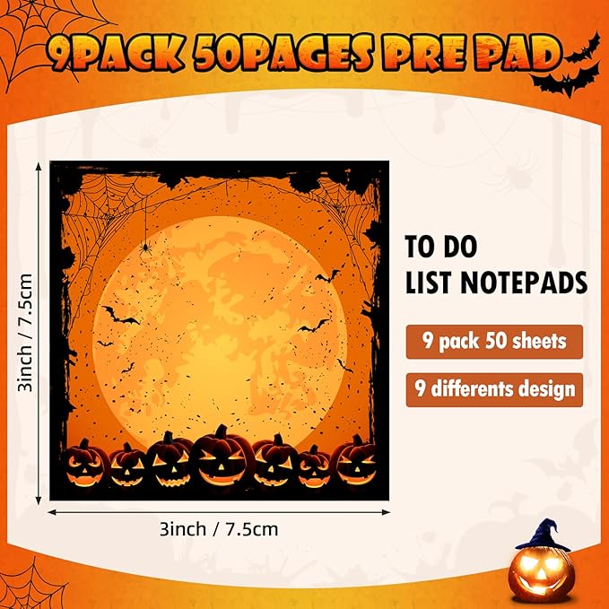 9 Pieces Halloween Sticky Note Halloween Note Pads with Spider Pumpkin Bat 450 Pieces of Self Adhesive Removable Memo Pads, 50 Sheets Each for Halloween School Office Home Students Teacher Presents