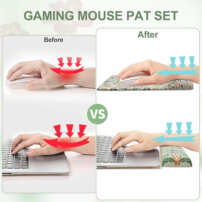 iCasso Mouse Pad with Wrist Rest,Large Desk Mat Set,Ergonomic Keyboard Pad with Wrist Support,Non-Slip Mouse Mat for Women,Cute Floral Computer Mat for Home Office Gaming (Green Floral)