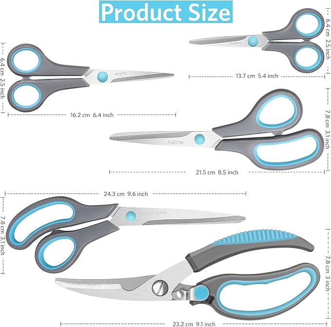 Premium Kitchen Scissors Set, Kitchen Shears, Food-Grade Stainless Steel Blades, Ergonomic Rubber Handle, Include 1 Poultry Shears and 4 All Purpose Scissors, 9.1”/9.6"/8.5"/6.4"/5.4"