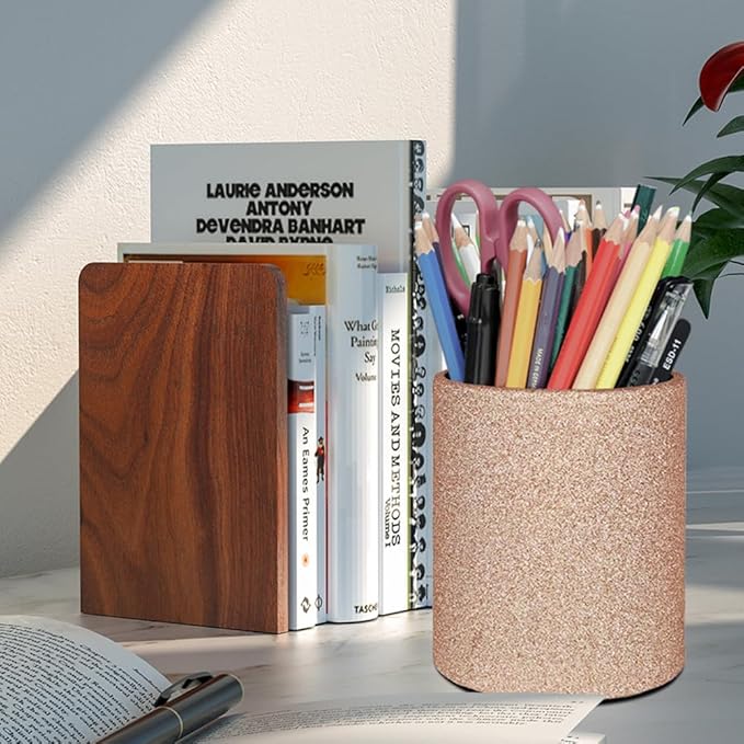 CXLE Pencil Holder Desk Organizer, PU Leather Pen Holder for Desk Decor Organizer Cosmetics Brush Holder for Teachers Students Storage Box Office Classroom(Gold)