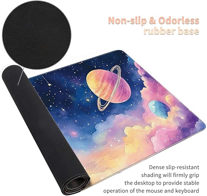 Desk Mat Large Gaming Mouse Pad (31.5x11.8 inch) with Stitched Edges, XL Mouse Pad +Coaster, Extended Mouse Mat Keybroad Mousepad Non-Slip Rubber for Gamer Men Women, Colored Nebula Planet