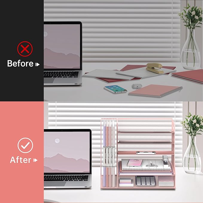 SUPEASY Desk Organizer with File Holder, 5-Tier Mesh Paper Letter Tray with Magazine Holder, Desktop Organizer and Storage for Desk Accessories Office Supplies, Pink