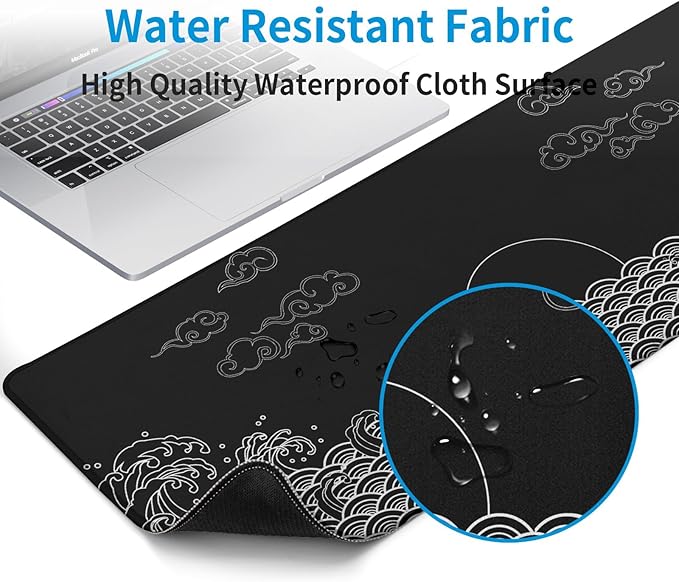 Japanese Sea Wave Gaming Mouse Pad Black Large Anime Mousepad Extended Mouse Mat 31.5''x11.8'' 3mm Thick Non-Slip Rubber Base Big Desk Pad for Office