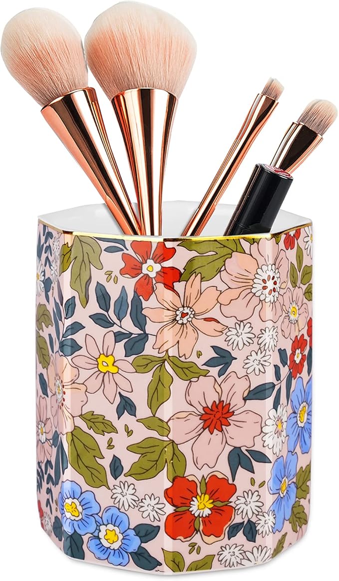 Jwest Pen Holder, Makeup Brush Holder Ceramic Shiny Gold Vintage Floral Flowers Pattern Pencil Cup for Girls Kids Women Durable Stand Desk Organizer Storage Gift for Office, Classroom, Home Pink