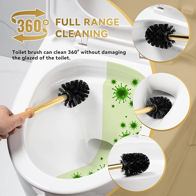 Duck Toilet Brush and Holder Set - Ceramic Bathroom Toilet Scrubber Brush Organizer with Wooden & Stainless SteelHandle, Gold Toilet Brush & Cute Duck Design for Bath Decor Storage