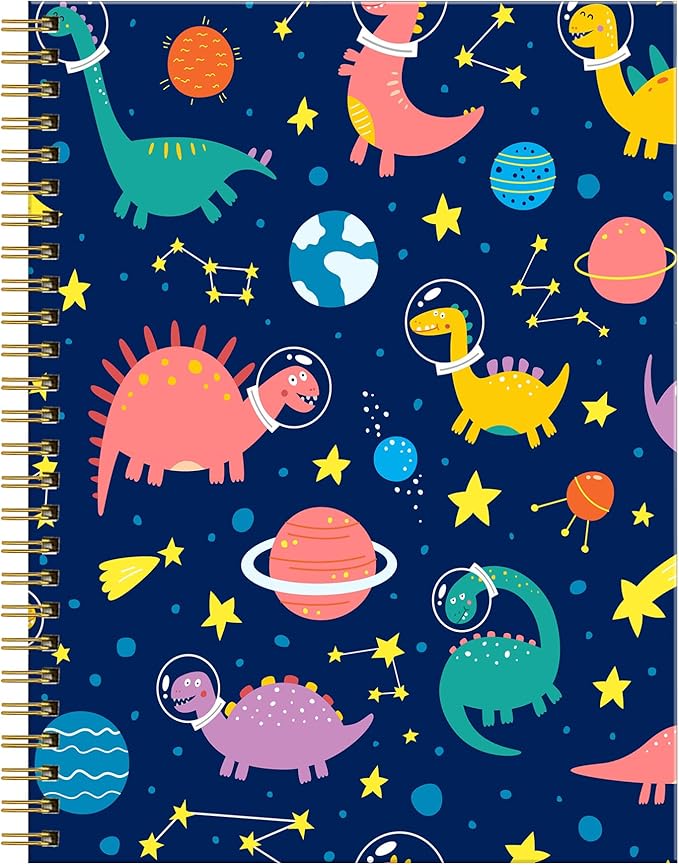 Spiral Journal Notebook for Women,A5 College Ruled Notebooks 6"x 8.4", 120 Pages Lined Journal with Premium Thick Paper,Perfect for School Office Home Gifts(Funny dinosaurs planets)