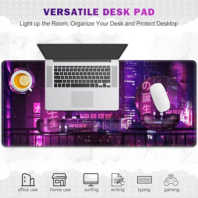 Gaming Mouse Pad, Large Desk Mat, Cute Desk Pad, 4in1 XXL Mousepad + Keyboard Wrist Rest+Mouse Wrist Rest+Coaster Set with Ergonomic Desk Pad for Home Office Table Computer, Purple Anime Neon