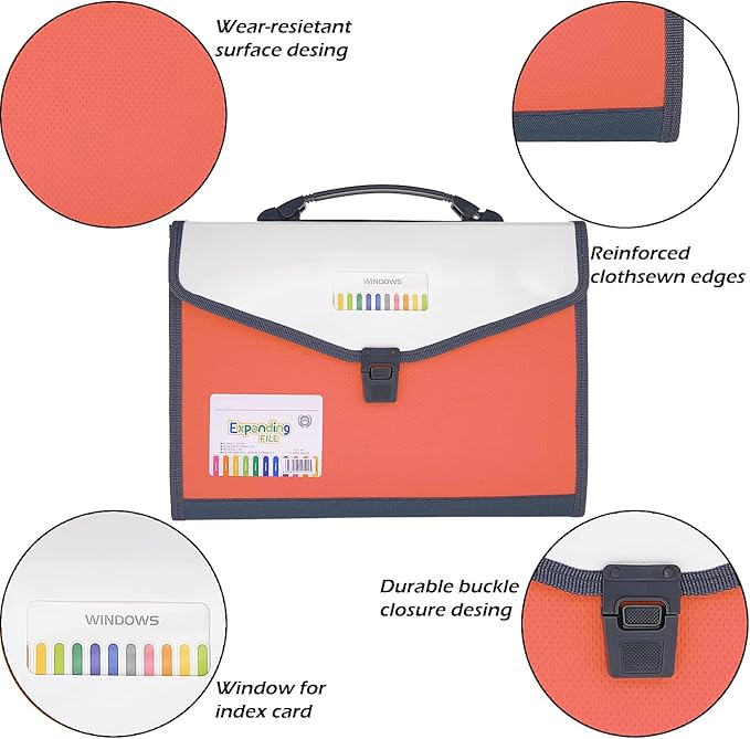 Expanding Accordion File Folder with Labels, 13 Pocket Document Organizer, Letter A4 Size, 1 Pack