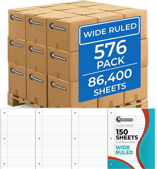 Rosmonde 576 Pack (Pallet) Loose Leaf Paper Bulk, 86400 Sheets, Wide Ruled, Pallet of Filler Paper, 150 Sheets/Pack, 8 x 10.5", 56 Gsm Thick Sheets, 3 Hole Punched, School & Office, 4-7 Days Transit