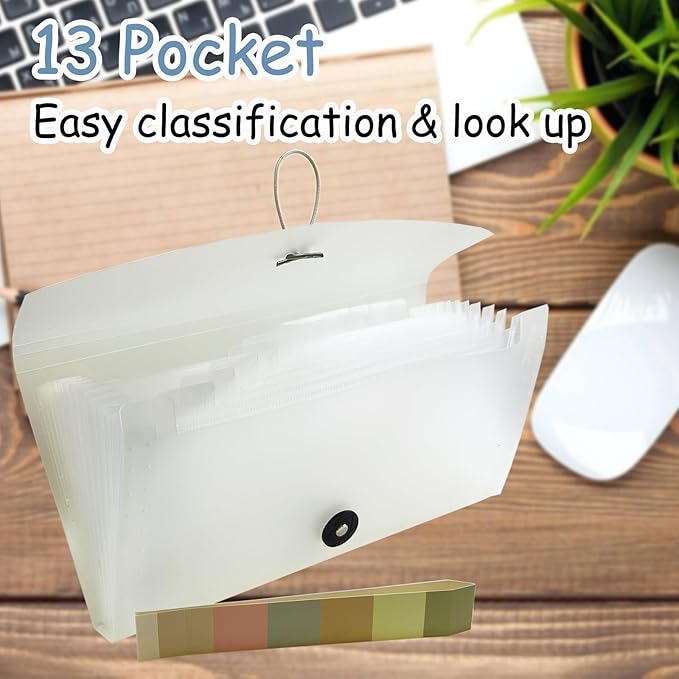 Small Accordion File Organizer - 13 Pocket Expanding Folder for Receipts, Bills, and Envelopes - Money Saving Binder (White)