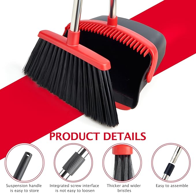 XXFLOWER Broom and Dustpan Set with Long Handle, Heavy Dust Broom and Dustpan Combo for Home，Kitchen, Office, Pet Hair 2PCS (Black Red)