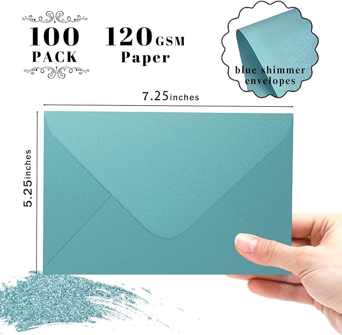 Shimmery Blue Envelope A7-100 PCS Goefun V Flap Invitation Envelopes for Wedding, Announcements, Mailing, Greeting Cards, 5.25 x 7.25 inches