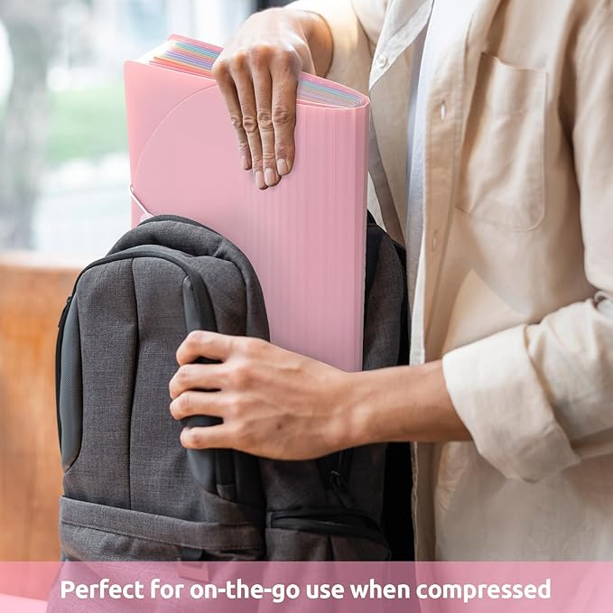 SKYDUE Pink Accordion File Organizer, 13 Pocket File Folder Organizer with Monthly Labels, Expanding Document Organizer for Letter A4 Size, Cute Filing Folder for School Office Home