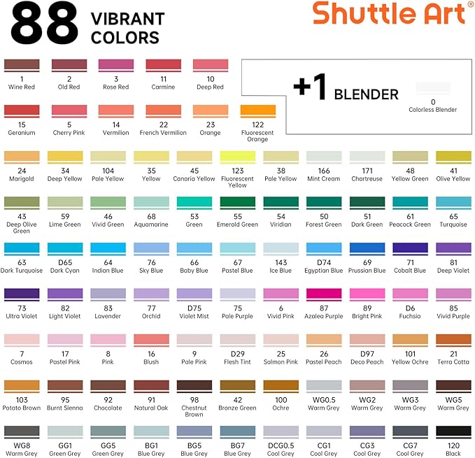 Shuttle Art 89 Colors Alcohol Markers, 88 Colors Dual Tip Art Marker Set Plus 1 Colorless Blender with Marker Case Perfect for Illustration Students Adult Coloring Sketching