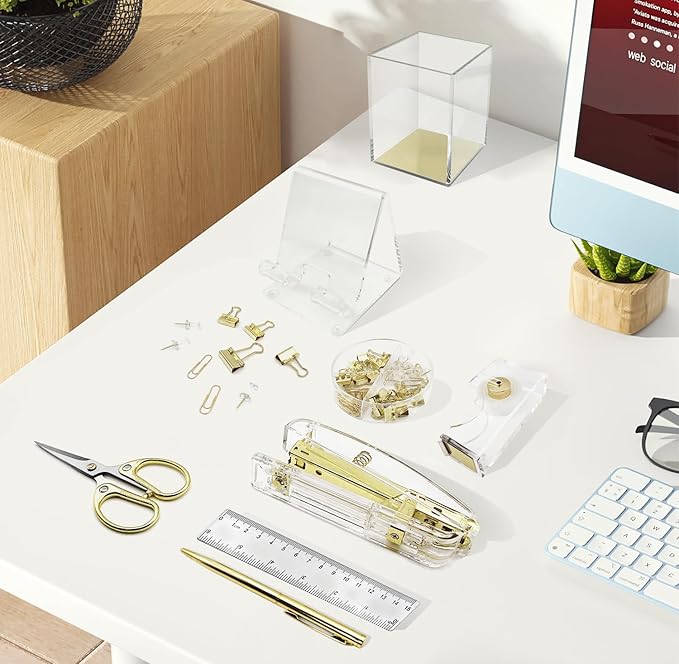 DRQ Gold Desk Accessories, Office Supplies Acrylic Stapler Set, 10Pcs Set for Office with Stapler, Tape Dispenser, Pens, Pen Holder, Phone Holder, Tape, Ruler, 1 Box Staple, Scissors and 1 Box of Clip