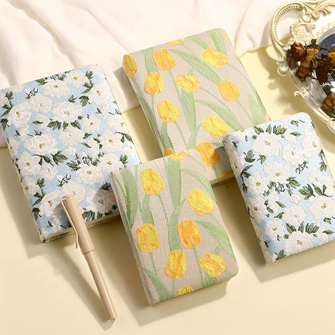 Pocket Notebook, A6, 4x6, Small Embroidered Journal, Cute Notebook, Lay Flat, Hardcover, Lined Notebook & Sketchbook, Personal Writing Journal for Women, Blue Journal, White Gardenia Flower