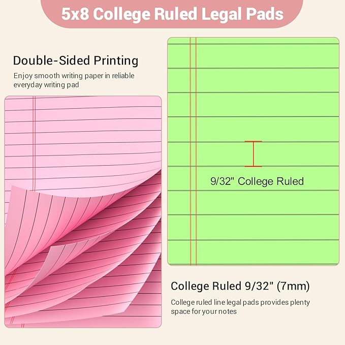 Legal Pads 5x8 Colored Note Pads, 12 Pack College Ruled Notepads 5x8 Lined Paper, Colored Notebook Paper Writing Pads 30 Sheets per Colored Paper Small Legal Pads 5x8 for Home Office School Supplies
