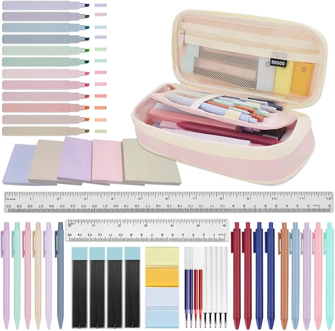52 Aesthetic School Supplies with Cute Pen Case,5 Black, 2Blue,2 Red 0.5MM Ink Gel Pens,12inch and 6inch rulers,6 0.5MM Mechanical Pencils for Students Stationary College Essentials