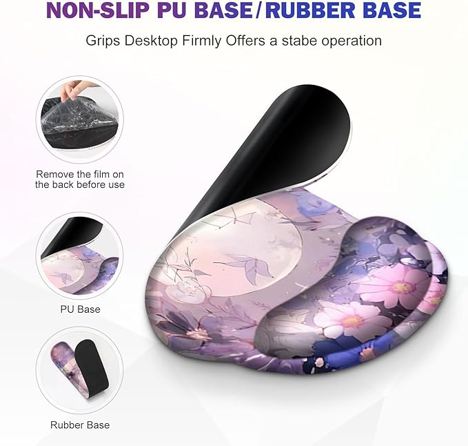 Large Desk Mat, Gaming Mouse Pad, Desk Pad Protector, XXL Mousepad + Keyboard Wrist Rest+Mouse Wrist Rest+Coaster Set with Ergonomic Desk Pad for Home Office PC Computer, Pastel Purple Flower Moon