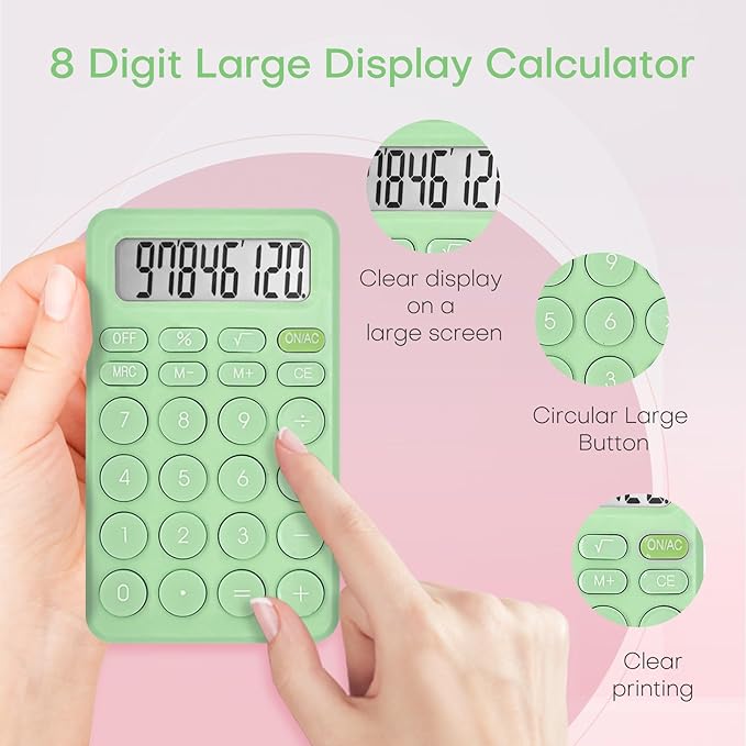 Cute Calculator, Basic Four Function Calculator for Teachers Students Basics Office, Small Handheld Calculator, 8 Digit with LCD Display, Sensitive Button, 5.5×3.2 inches Light Green
