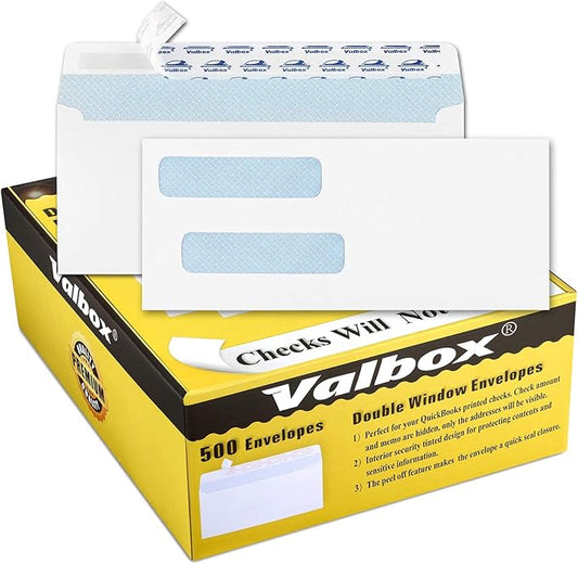 ValBox 500 Count #8 Double Window Envelopes 3 5/8" x 8 11/16" Self Seal Double Window Security Check Envelopes- Security Tint Pattern Designed for Home Office Secure Mailing