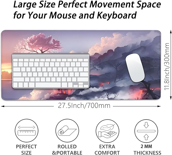 Volcano and Cherry Blossoms Desk Pad Mouse Pad,Large Nature Mouse Mat with Stitched Edges,Non-Slip Rubber Base Mousepad for Office PC Keyboard Laptop and Home Work Desk Mat(27.5X11.8 in)