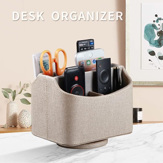 Remote Control Holder, Swivel Desk Organizer and Decorations for Living Room, Bedside Table Organizer Remotes Caddy for TV Controllers/ Stationery/ Art Supplies/ Pen, PU Leather Room Decor Aesthtic