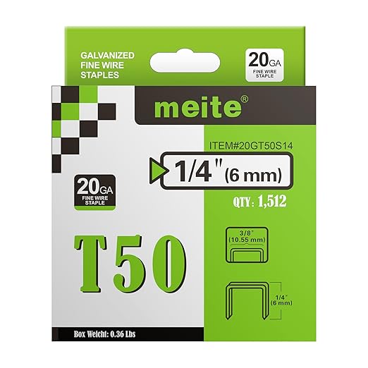 meite T50 Heavy Duty Staples, 1/4 Inch Galvanized T50 Staples for Staple Gun, 20 Gauge 3/8 Inch Crown Staple for Upholstery, Construction, Furniture (1 Case)