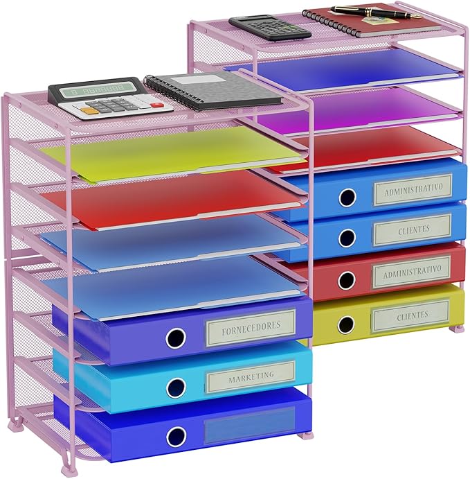 Simple Trending 2 Pack 8 Tier Letter Tray Paper - Mesh Desk File Organizer for Office School Desktop, Pink