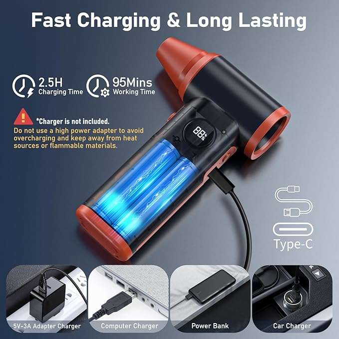 Larkeey Compressed Air Duster Rechargeable Electric Air Duster for PC Keyboard Mini Dust Blower 130000RPM Cordless Air Blower Jet Dryer Turbo Fan Handheld Blower for Car Home Office, Black-Orange