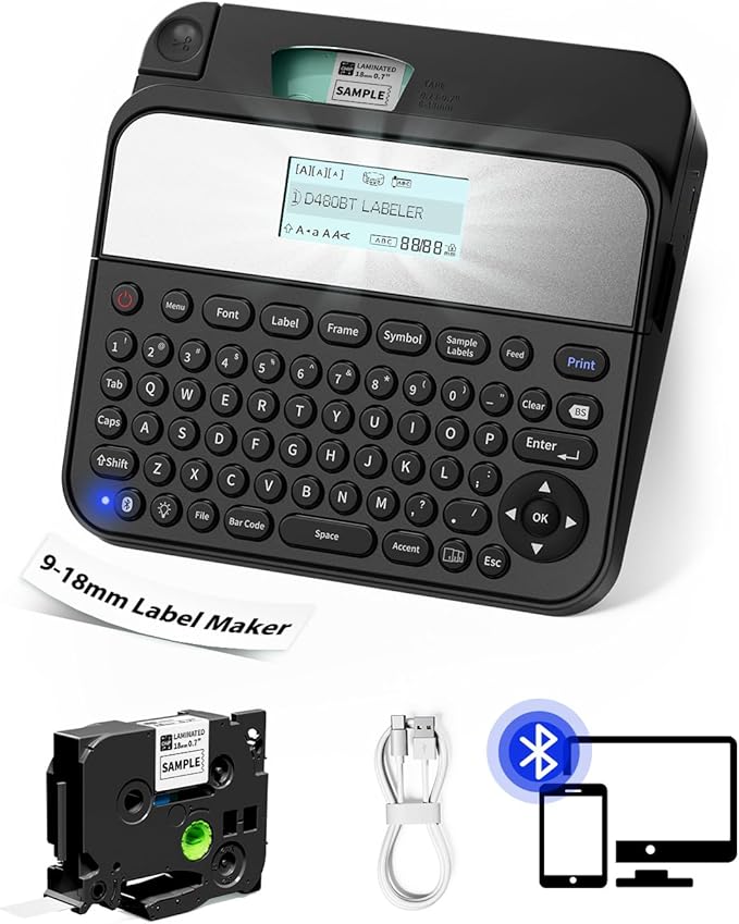 18mm Label Maker Machine with-Tape, Bluetooth Rechargeable Labeler with Keyboard, Backlit Screen, Connect PC & Phone, Create Via BZ Label Up to~18mm 3/4 inch, Idea for Home Office, D480BT