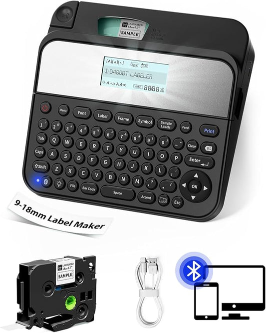 18mm Label Maker Machine with-Tape, Bluetooth Rechargeable Labeler with Keyboard, Backlit Screen, Connect PC & Phone, Create Via BZ Label Up to~18mm 3/4 inch, Idea for Home Office, D480BT