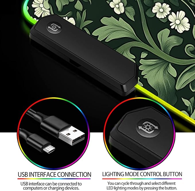 RGB Green Plant Wildflower Gaming Desk Mat, Computer Keyboard Large Extended Long Floral LED Mouse Pad for Office and Home, XL (W26)