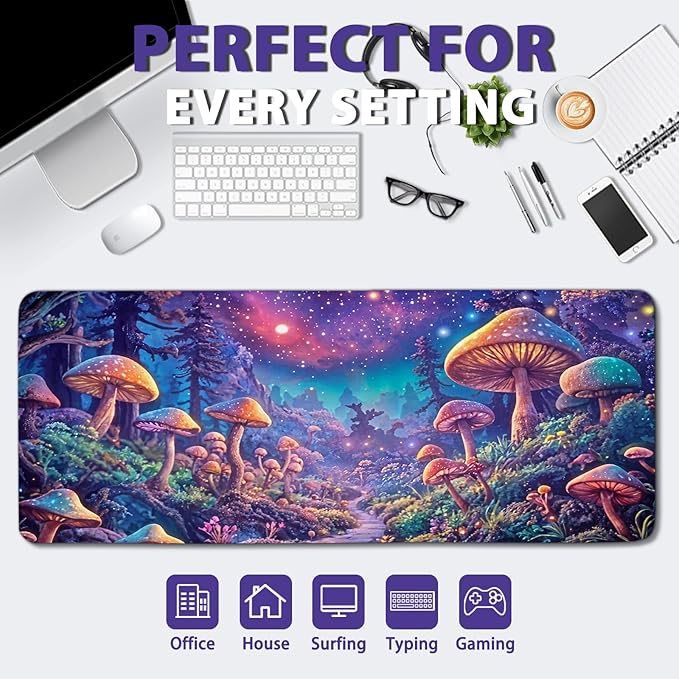 Gaming Mouse Pad Extra Large, Oversize Mushroom Computer Mousepad Desk Mat, Birthday Gifts for Women Men Mushroom Lovers, Non-Slip Desk Decor Accessories for Keyboard and Mouse 15.7”x 35.4” XXL