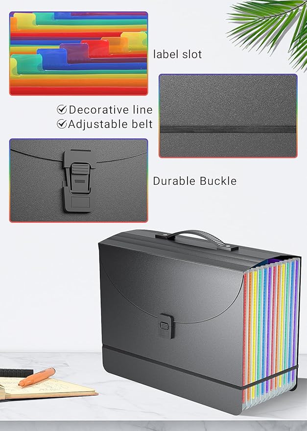 Expanding File Folder/Accordion File Organizer/Portable File Box with 13 Pockets,Fun Storage Filing Folders with Handle,Perfect for Both Standing and Carrying,A4/Letter Size,Colored Tabs,Black Matte