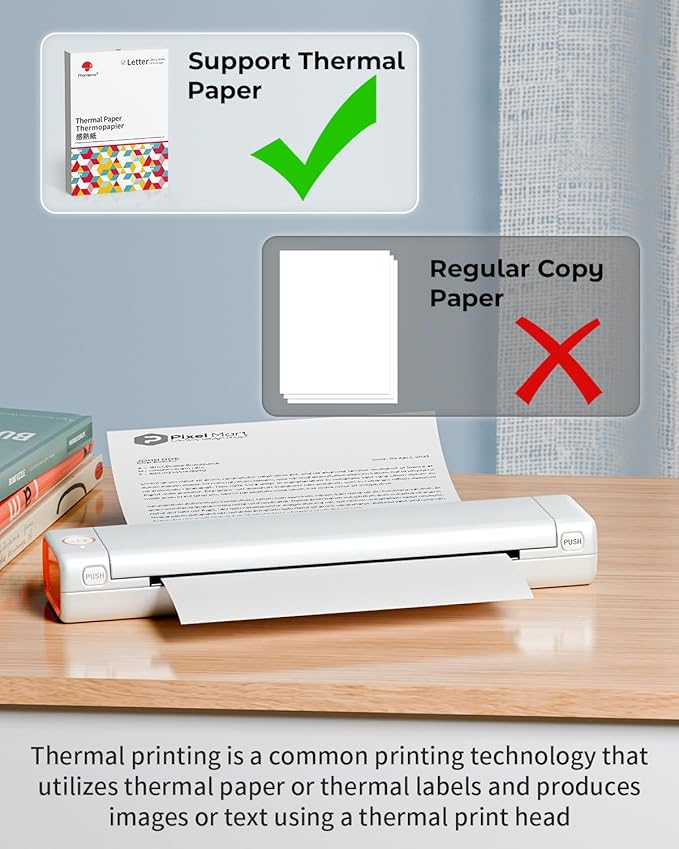 Phomemo Inkless Portable Printer for Travel - Wireless Thermal Printer Compatible with Phone & Laptop, Bluetooth Printers Supports 8.5" X 11" Letter Thermal Paper, Come with Carry Case