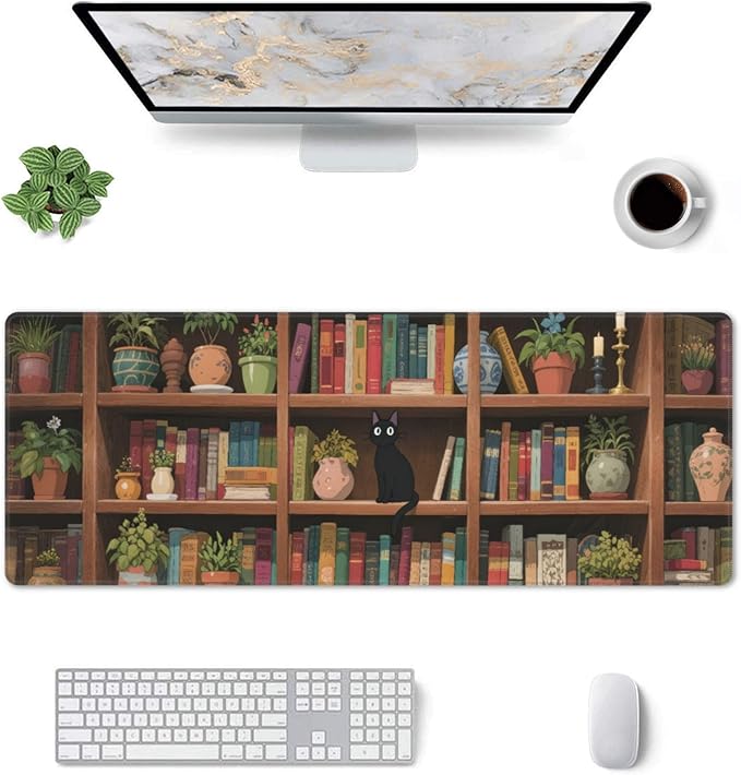 Bookshelf Cat Green Plants Large Mouse Pad, Anime Style Gaming Desk Mat, XL Keyboard Desk Pad Mat for Desktop, 31.5"x11.8" Non-Slip Base Big Mousepad with Stitched Edges