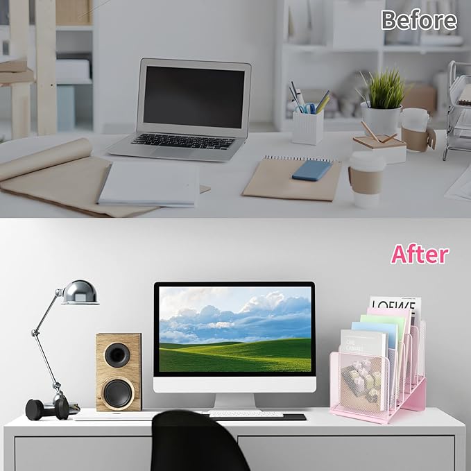 File Organizer for Desk, Desk Organizer with 5-Section Vertical File Rack, File Folder Organizer, Desk Accessories & Workspace Organizers (Pink)