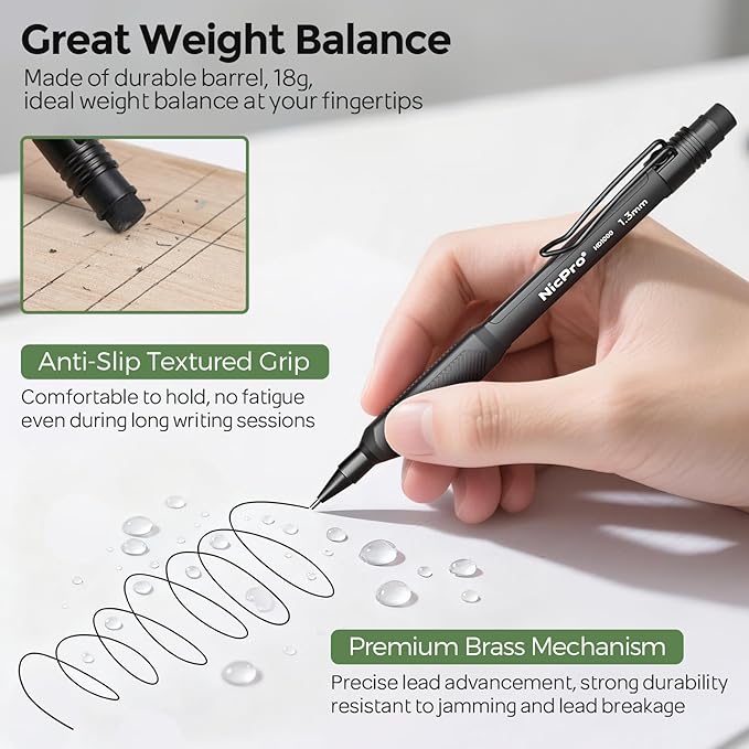 Nicpro 3 PCS 1.3 mm Mechanical Pencils Set 3 Colors with 51 Lead Refill, 3 Eraser - Weatherproof Barrel Pencil, Heavy Duty Carpenter Pencil HD1000 for Outdoor Marking Drafting Drawing Woodworking