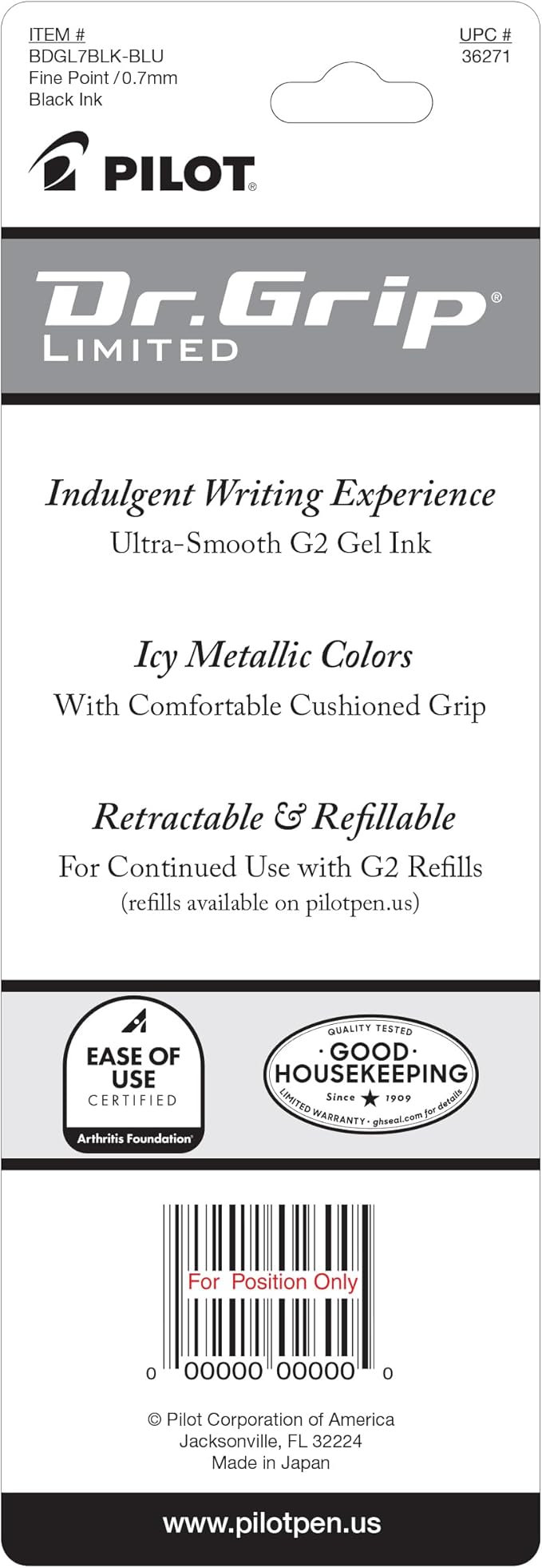 PILOT Dr. Grip Limited Refillable & Retractable Gel Ink Rollerball Pen, Fine Point, Black Ink, Single Pen - Ideal for School, Journaling & Office Writing