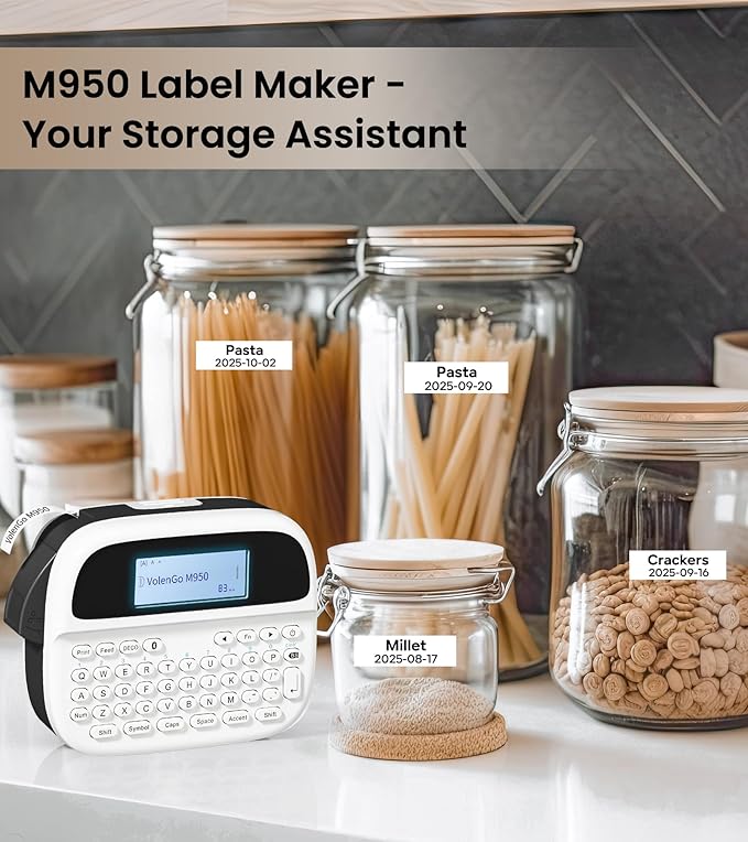 M950 Label Maker Machine with 4 Tapes, Rechargeable Backlit Labeler, Inkless Bluetooth Labeling Machine, Handheld Label Printer Bundle for Home Kitchen Food Labels