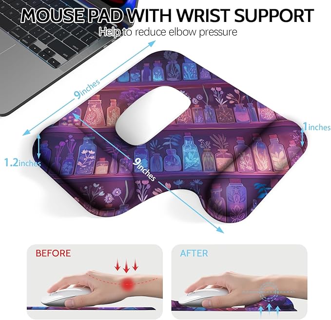 Ergonomic Mouse Pad with Gel Wrist Rest (1"& 1.2" Dual Height) - Mouse Pads Compact Mousepad Desk Mat Office, Gaming & Carpal Tunnel Relief | Non-Slip Rubber Base Mystical Potion Bottles