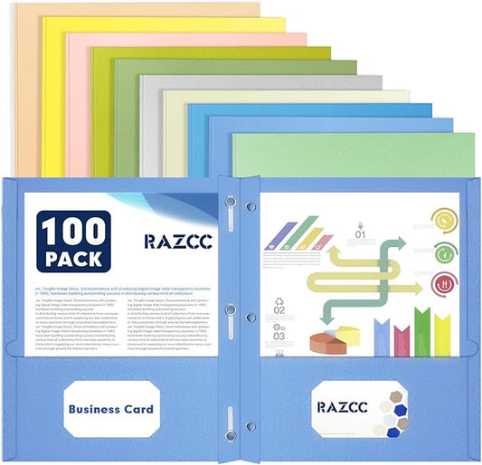 Two Pocket Folders, RAZCC 100 Pack Two Pocket Folders with Prongs, 3 Prong Folders Fit Letter Size Paper, Pocket Paper File Folders for School Office Home Business, Assorted 10 Colors