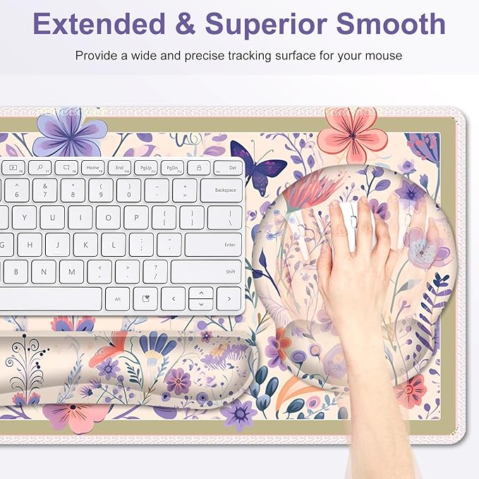 Cute Desk Mat, 4in1 Large Mouse Pad with Wrist Rest, Desk Matt for Desktop, Deskpad Mat, Anti-Slip XXL Computer Ergonomic Mousepad with Wrist Support for Keyboard and Mouse I Retro Purple Floral