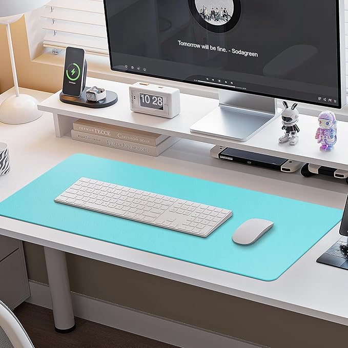 Boutilon Leather Desk Pad Protector,Non-Slip Mouse Pad,Laptop Desk Pad,Office Mouse Mat,Waterproof Leather Desk Blotter,Desk Writing Pad for Office and Home (S-Bright Blue,24"x 14")