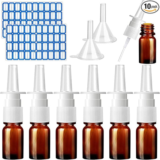 10 Pcs Nasal Spray Bottle, 5ML/0.17OZ 6 Pcs Brown Fine Mist Glass Empty Refillable Nasal Spray Bottle with 2 Pcs Funnels and 2 Pcs Labels