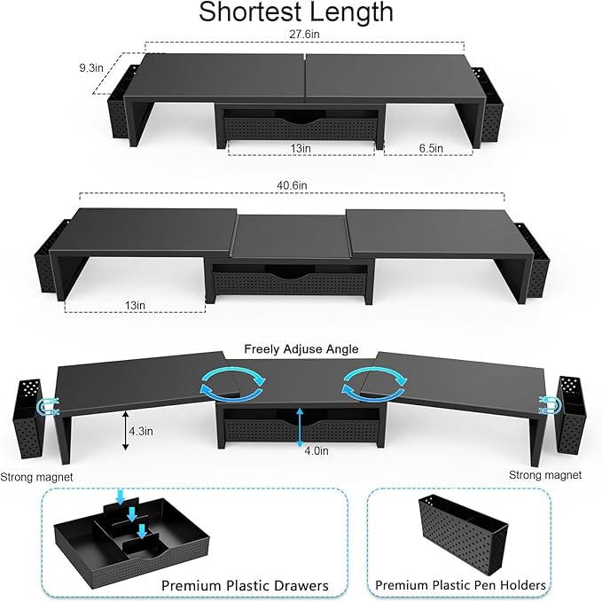 gianotter Dual Monitor Stand Riser, Desk Organizer With Drawer and 2 Pen Holders, Computer Monitor Stand, Desk Shelf for Top of Desk, Balck