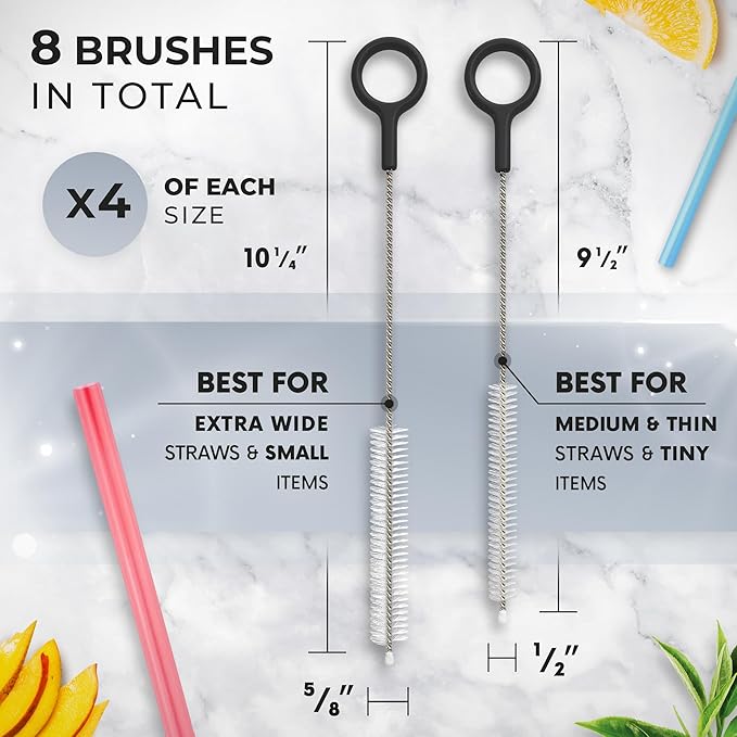Buenalife Heavy Duty Cleaning Brushes Set of 8 - Extra Long Straw Cleaners for Metal and Plastic Reusable Drinking Straws, to Clean Small Spaces, Sippy Cups, Water Bottles - Sturdy Hard Brush Bristles