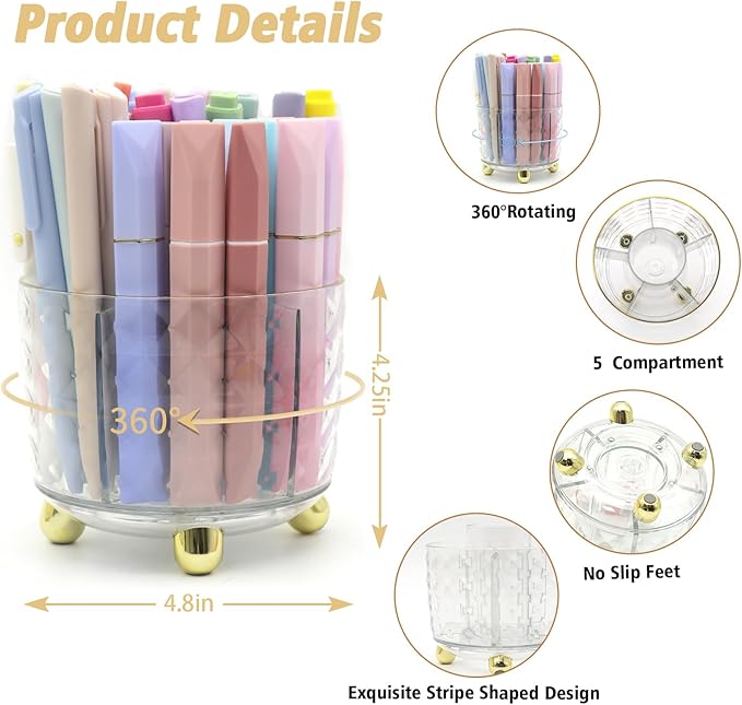 Gold Desk Accessories, UPIHO Rotating Pen Holder Set,Gold Office Supplies with Stapler and Tape Dispenser Set, Gifts for Office Clerks,Student