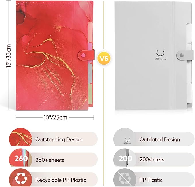 Expanding File Folder,Folders for Important Documents Organizer,Accordion File Organizer,Aesthetic Folders for School Students,5 Pockets File Folder for Home Bills,Pack of 2(Pink+Rose)